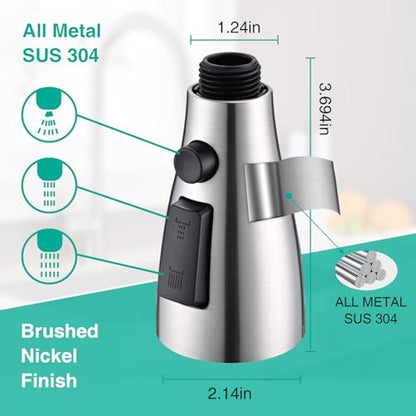 Metal Kitchen Faucet Head Replacement, 3-Function Pull Down Spray Head for Kitchen Faucet, High Pressure Sink Spray Nozzle with 9 Adapters Compatible with American Standard, Brushed Nickel - color: Brushed Nickel
