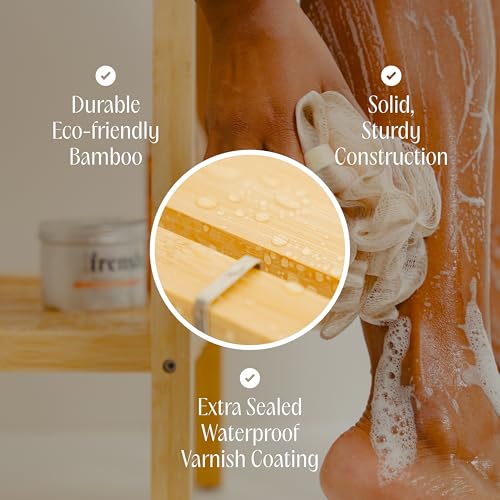 Bamboo Shower Bench for Inside Shower – Waterproof Bathroom Spa Seat with Shelf, Hooks & Soap Tray – Wood Shower Stool for Shaving, Sauna, or Small Bathroom – Natural