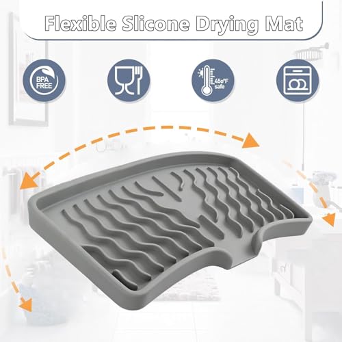 Dish Drying Mat, Silicone Dish Drying Mat for Kitchen Counter, Drainer Pad with Built-in Drain, Non-Slip, Heat Resistant Draining Pad (Gray, 10" x 5.5")