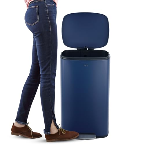 happimess Curtis 8 Gal Step Trash Can Soft Close 25", Denim Blue | Iron Construction, Satin Finish, Removable Liner, Steel Pedal, 20 Trash Bags Included, Kitchen Office Bin - color: Denim Blue