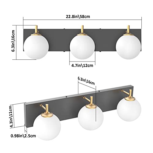 Aipsun Mid Century Modern Bathroom Vanity Light 3 Lights Milky White Glass Shades Black/Golden Bathroom Light Fixture(Exclude Bulb) - color: Black+Gold, size: 3 Lights
