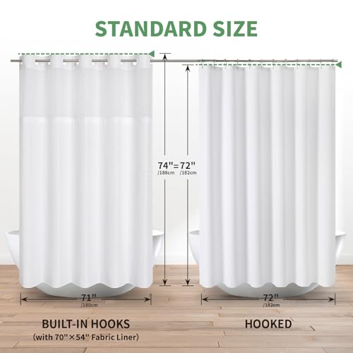 eachope No Hook Waffle Weave Shower Curtain with Snap-in Fabric Liner Set,White Shower Curtains for Bathroom with See Through Top Window,Water Repellent & Washable,71Wx74H | Bath Curtain with Snap-in Liner & See-Through Top Window,Water Repellent & Washab