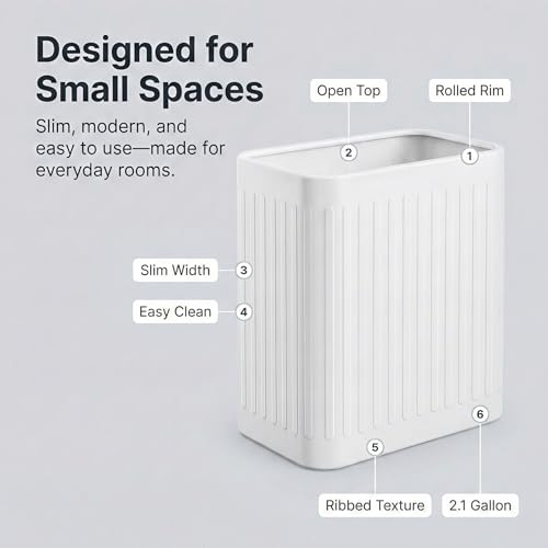 TrashAid Small Bathroom Trash Can, 2.1 Gallons, Slim Wastebasket, White | Quick Toss Open Top, Stainless Steel Garbage Can, Hand-Safe Rolled Edges, Metal Trash Bin for Office/Bedroom/Under Sink/RV