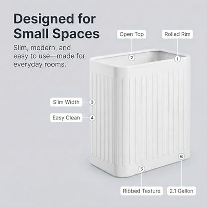 TrashAid Small Bathroom Trash Can, 2.1 Gallons, Slim Wastebasket, White | Quick Toss Open Top, Stainless Steel Garbage Can, Hand-Safe Rolled Edges, Metal Trash Bin for Office/Bedroom/Under Sink/RV