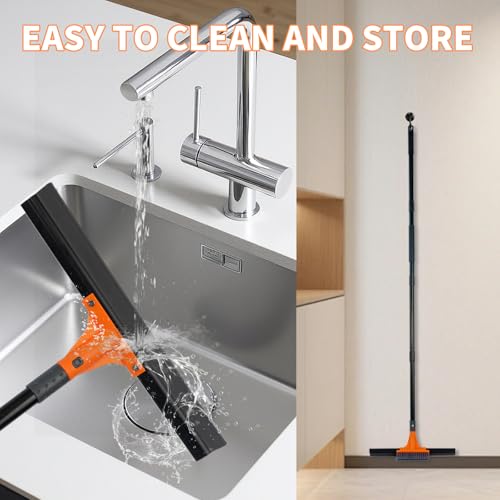 Floor Squeegee for Concrete Floor,Heavy Duty Shower Garage Floor Squeegee Broom with Scrubber Brush and 62" Long Handle for Bathroom Tile,Garage, Deck,Pool,Outdoor Floors,16 Inch,Orange