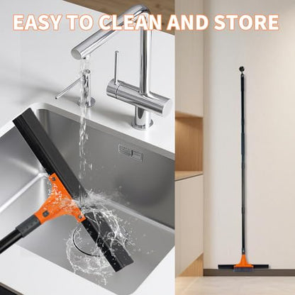 Floor Squeegee for Concrete Floor,Heavy Duty Shower Garage Floor Squeegee Broom with Scrubber Brush and 62" Long Handle for Bathroom Tile,Garage, Deck,Pool,Outdoor Floors,16 Inch,Orange