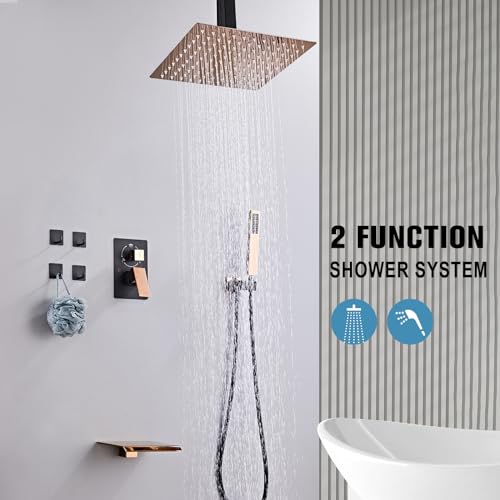 12 Inch Ceiling Mount Shower System Matte Black Gold Rain Mixer Shower Combo Set High Pressure Rainfall Shower Head System Bathroom Luxury Shower Faucet Set Rough-in Valve and Trim Included - color: Matte Black & Gold, style: 12 Inch-Update Valve