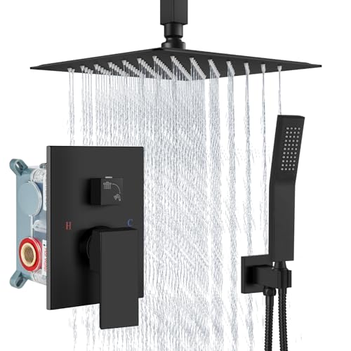 Aolemi Ceiling Mount Shower System Rain Shower Head with Handheld Spray High Pressure Shower Faucet Set Rough-in Valve Shower Trim Kit Included Bathroom Matte Black 10 Inch Ceiling Shower Head - color: Black, size: 10 Inch Ceiling Shower Head