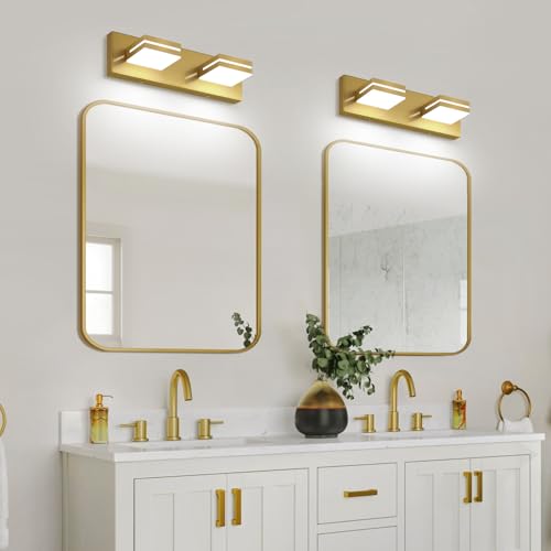 SineRise LED Modern Bathroom Vanity Light Fixtures, Modern Acrylic Bathroom Wall Lighting Fixtures Over Mirror, 2-Light, 15.5-Inch, Brass, White - color: Brass, White, size: 2-Light, 15.5-Inch