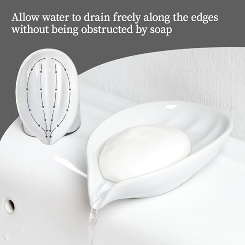 Soap Holder, Self-Draining White Soap Dish, Leaf Shape Ceramic Bar Soap Holder Drain Soap Dishes for Bathroom Sink Kitchen, Easy to Clean Keeps Soap Dry, ANTIS'S HOME - color: White-1pcs-line