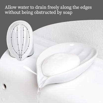 Soap Holder, Self-Draining White Soap Dish, Leaf Shape Ceramic Bar Soap Holder Drain Soap Dishes for Bathroom Sink Kitchen, Easy to Clean Keeps Soap Dry, ANTIS'S HOME - color: White-1pcs-line