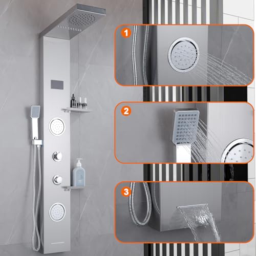 LED Shower Panels Tower System, LCD Temperature Display with Shelf, 304 Stainless Steel System with Rainfall Shower Head with Handheld Massage Body Jets Waterfall Bathtub, Brushed Nickel - color: Brushed Nickel