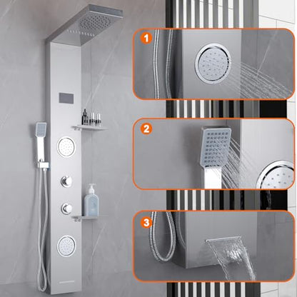 LED Shower Panels Tower System, LCD Temperature Display with Shelf, 304 Stainless Steel System with Rainfall Shower Head with Handheld Massage Body Jets Waterfall Bathtub, Brushed Nickel - color: Brushed Nickel