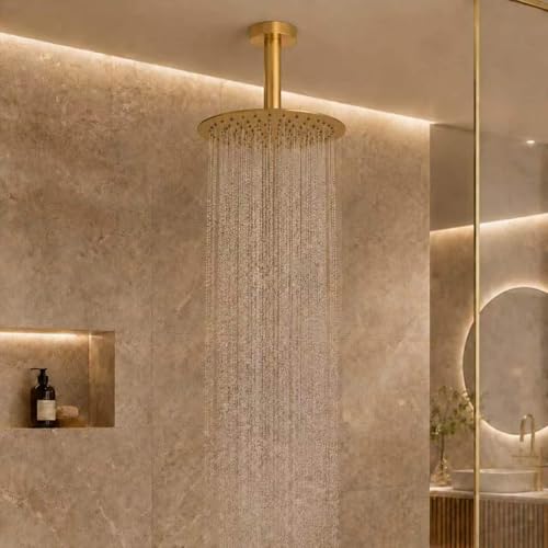 Rainfall Shower head, 12 Inch Round Shower Head, Wall or Ceiling Mounted Ultra Thin Stainless Steel High Pressure Shower Head with Touch-Clean Nozzles, Brushed Brass Gold - color: Brushed Brass Gold, size: 12-Inches, style: Round