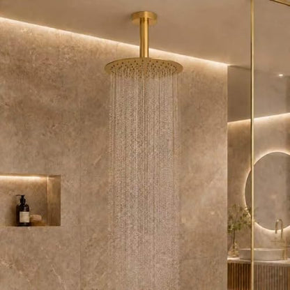 Rainfall Shower head, 12 Inch Round Shower Head, Wall or Ceiling Mounted Ultra Thin Stainless Steel High Pressure Shower Head with Touch-Clean Nozzles, Brushed Brass Gold - color: Brushed Brass Gold, size: 12-Inches, style: Round