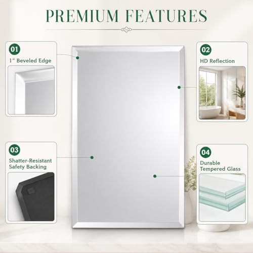 24x36 Inch Rectangle Frameless Bathroom Vanity Mirror with Beveled Edge - Shatterproof Wall Mounted Decorative Glass with Safety Backing for Living Room Bedroom Hallway Entryway - Fab Glass and Mirror - size: 24"L x 36"W, style: Rectangle