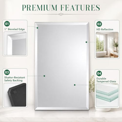 24x36 Inch Rectangle Frameless Bathroom Vanity Mirror with Beveled Edge - Shatterproof Wall Mounted Decorative Glass with Safety Backing for Living Room Bedroom Hallway Entryway - Fab Glass and Mirror - size: 24"L x 36"W, style: Rectangle