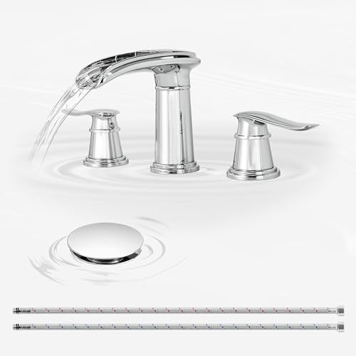 BWE Waterfall Bathroom Faucet 3 Hole 8 Inch Widespread Bathroom Sink Faucet | Chrome Brass Two Handle Bathroom Faucets with Pop-up Drain and Water Supply Hose Solid Brass for Vanity Lavatory Sink - color: Chrome, size: 4.72 inch Widespread Version