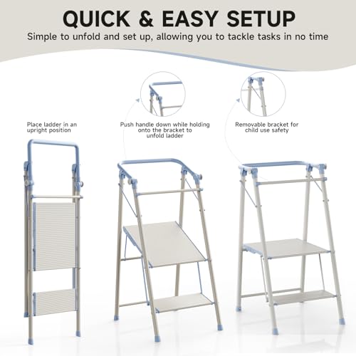Foldable Toddler Tower, 2-in-1 Alloy Steel Kids Kitchen Step Stool & Adult 2-Step Ladder, Folding Kitchen Tower with Removable Safety Rail, Anti-Slip Steps for Kitchen & Bathroom - color: Soft Blue & Ivory