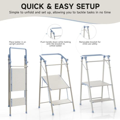 Foldable Toddler Tower, 2-in-1 Alloy Steel Kids Kitchen Step Stool & Adult 2-Step Ladder, Folding Kitchen Tower with Removable Safety Rail, Anti-Slip Steps for Kitchen & Bathroom - color: Soft Blue & Ivory