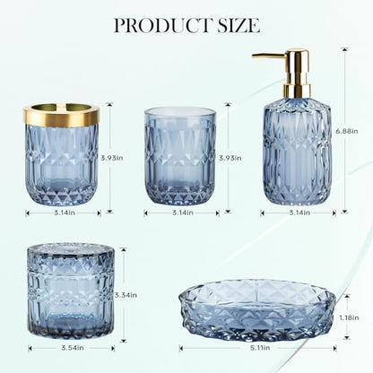 Bathroom Accessory Set 5 Pcs, Glass Bathroom Set Include Soap Dish, Toothbrush Holder, Mousewash Cup, Soap Dispenser, Cotton Swab Jar, Blue - color: Blue, style: 5 Pack
