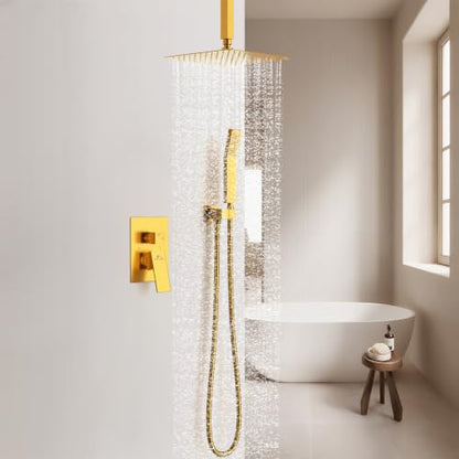 SunCleanse Rainfall Shower System with High Pressure in Brushed Gold | Ceiling mounted shower combo set featuring a 10" square rain head, handheld spray, and rough-in mixer valve with trim. - color: Brushed Gold, style: 10-ceiling