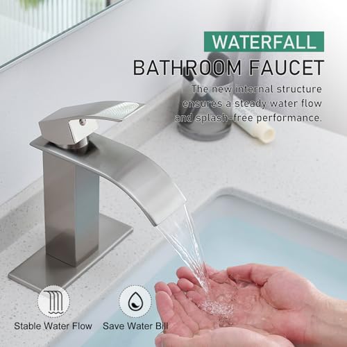 VOTON Waterfall Bathroom Faucets Brushed Nickel Modern Single Handle Sink Faucet for 1 or 3 Holes with Deck Plate and Pop-Up Drain, Rv Sink Camper Farmhouse Faucet - color: Brushed Nickel