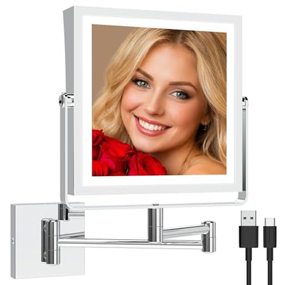 Ruacq Wall Mounted Makeup Mirror with Lights 1X/10X Dual Sided Chrome | 8",4000mAh Rechargeable,Magnification,3 Color,Touch Screen Dimmable,360° Rotation Extension Foldable Arm, Square, Women Gift - color: Chrome