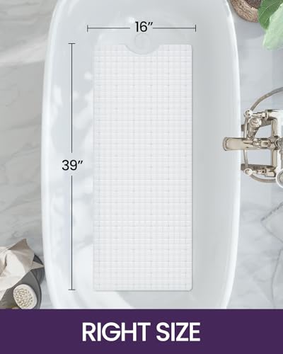 DEXI Bathtub Mat Non Slip, 39x16 Bath Tub Shower Floor Bathroom Mats White | Extra Long Suction Cups, Drain Holes, Machine Washable for Tub Shower Floor Bathmat - color: White