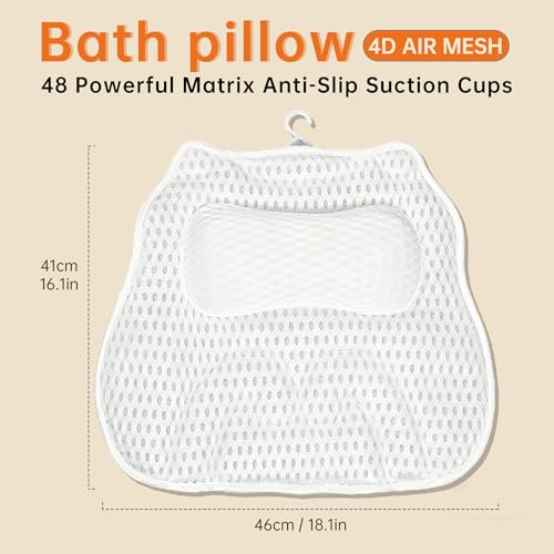Bath Pillow for Tub,48 Non-Slip Suction Cups,Soft 4D Breathable Air Mesh | Ergonomic,Head,Neck and Back Support,Suitable for hot tub,jacuzzi,spa,Quick-dry non-slip.Machine washable,Bath Gifts,White - color: Gray