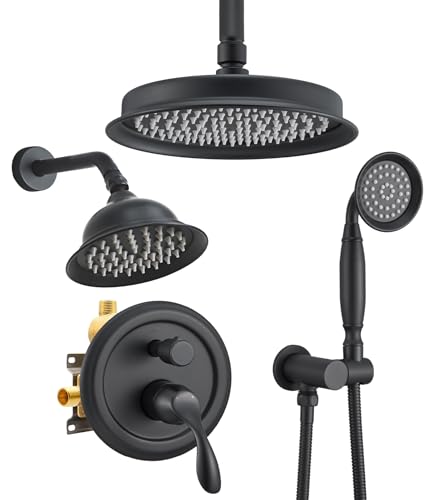 Dasan Antique Dual Rainfall Shower System, Matte Black, Complete Shower Fixture Combo, 9'' & 6'' Dual Rainfall Overhead Shower with Handheld, Valve & Trim Kit, AT3096C-MB - color: Matte Black