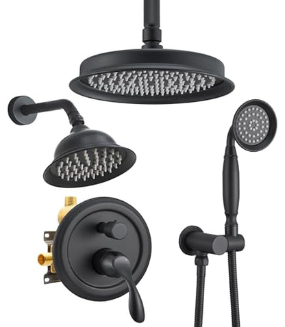 Dasan Antique Dual Rainfall Shower System, Matte Black, Complete Shower Fixture Combo, 9'' & 6'' Dual Rainfall Overhead Shower with Handheld, Valve & Trim Kit, AT3096C-MB - color: Matte Black