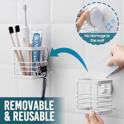 TAILI Patented Suction Cup Toothbrush Holder, Stainless Steel Anti-Puddling Toothbrush Shower Holder, No Drilling Removable Organizer for Bathroom Toothpaste, Razor, Kitchen and Office Items, White - color: White (1 Pack)
