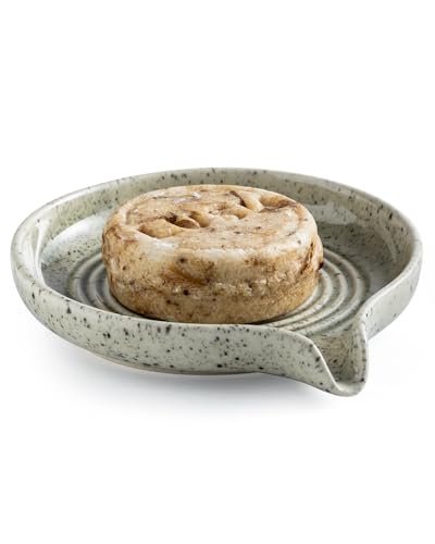 Zoeeker Self-Draining Soap Dish, Ceramic Bar Soap Holder with Drainage | Soap Tray with Waterfall Design for Shower, Bathroom and Kitchen Sink, Keep Bar Soap Dry, Brush Holder, Speckled Glaze - color: Speckled Glaze, size: Round