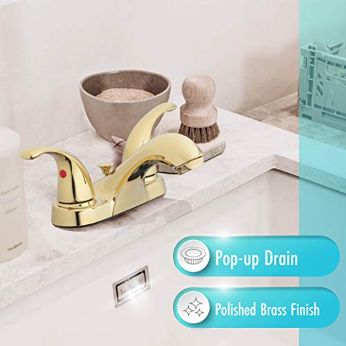 Two-Handle Centerset Bathroom Sink Faucet, Polished Brass | 1.2 GPM Flow, 3-Hole Install, Drip-Free Cartridge, Pop-Up Drain, WaterSense Certified, Double Handle Bathroom Sink Faucet - color: Polished Brass