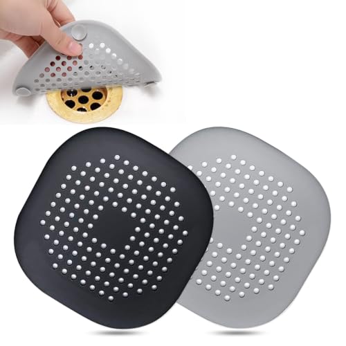 Hair Drain Catcher,Square Drain Cover for Shower Silicone Hair Stopper with Suction Cup,Easy to Install Suit for Bathroom,Bathtub,Kitchen 2 Pack (Sliver Grey Black) | Drainer Cover Silicone Hair Stopper with Suction Cups,Protector Accessories,Easy to Inst