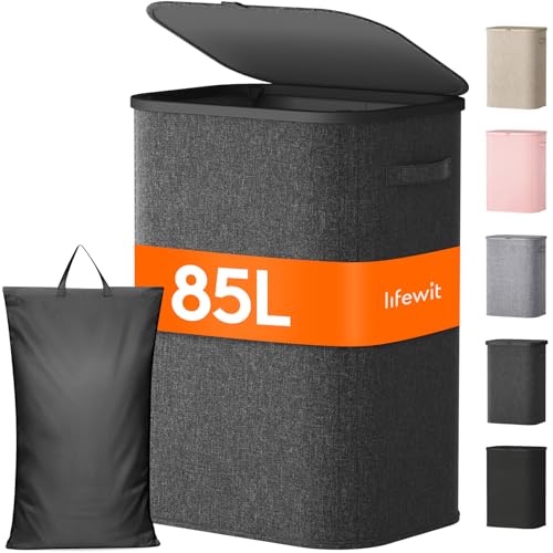 Lifewit 85L Large Laundry Basket with Lid, Laundry Hamper with Plastic Handles and Removable Bag, Foldable Tall Dirty Clothes Hampers for Laundry for Laundry Room, Bedroom, Bathroom, Dorm, Dark Gray - color: Dark Gray, size: 85L