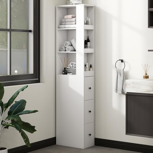 ARTETHYS Tall Narrow Bathroom Storage Cabinet with Side Rack & Drawers | 3-Level Adjustable Shelves, Slim Free Standing Space Saver Organizer for Living Room Kitchen, Classic White - color: White With Side Rack