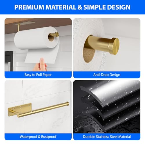 Paper Towel Holder Under Cabinet, Self-Adhesive,No Drilling, Stainless Steel, Wall-Mounted for Kitchen and Bathroom, Easy Install, Durable, Space-Saving, Ideal for Home, RV (Gold, 1 Pack) - color: Gold