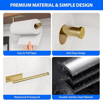 Paper Towel Holder Under Cabinet, Self-Adhesive,No Drilling, Stainless Steel, Wall-Mounted for Kitchen and Bathroom, Easy Install, Durable, Space-Saving, Ideal for Home, RV (Gold, 1 Pack) - color: Gold