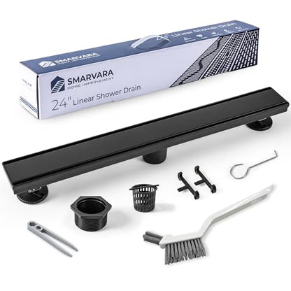 Linear Shower Drain 24 inch Matte Black with 2-in-1 Flat & Tile Insert Cover - 304 Stainless Steel Shower Floor Drain - Linear Drain with Reversible Cover & Hair Catcher - Includes Cleaning Tools - color: Matte Black