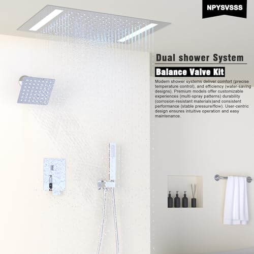 Rain Shower Head System with 14x20 Inch Ceiling Mount LED Head & 6 Inch Wall Head and Handheld Shower 3 Way Pressure Balance Valve Kit,Polished Chrome - color: Polished Chrome, style: 14x20 inch+6inch