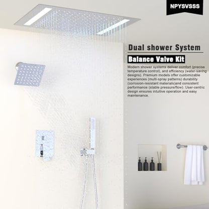 Rain Shower Head System with 14x20 Inch Ceiling Mount LED Head & 6 Inch Wall Head and Handheld Shower 3 Way Pressure Balance Valve Kit,Polished Chrome - color: Polished Chrome, style: 14x20 inch+6inch