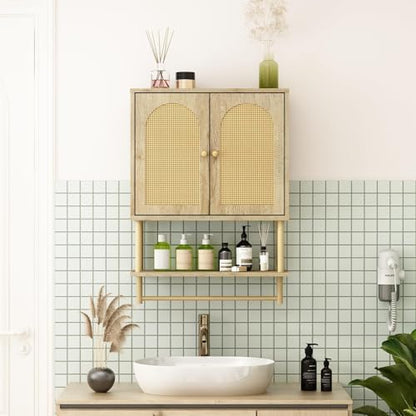RUSTOWN Rattan Bathroom Wall Cabinet, Modern Boho Medicine Cabinets, Medium | 2 Arched Rattan Doors, Adjustable Shelf, Towel Bar Rack, Over The Toilet Storage Cabinet for Bathroom, Living Room, Kitchen - size: Medium