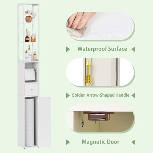 VECELO Narrow Bathroom Storage Cabinet with X-Frame Metal Design, 67" Tall Freestanding Cabinet with Toilet Paper Holder, Slim Tower Cabinet with Magnetic Door & Drawer, for Small Spaces, White - color: Hollow Top