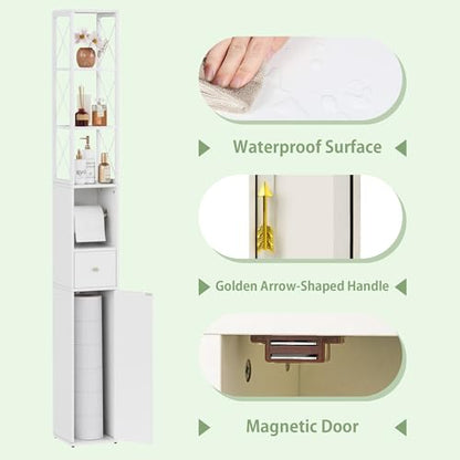 VECELO Narrow Bathroom Storage Cabinet with X-Frame Metal Design, 67" Tall Freestanding Cabinet with Toilet Paper Holder, Slim Tower Cabinet with Magnetic Door & Drawer, for Small Spaces, White - color: Hollow Top