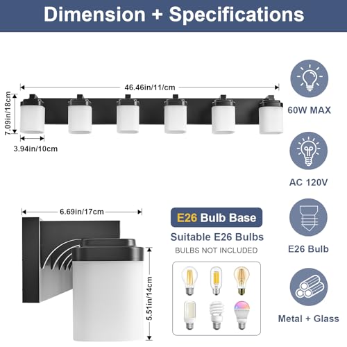 45 Inches Bathroom Vanity Light, 6-Light Black Bathroom Light Fixtures Over Mirror, Bathroom Light Shower Lamp with Milky White Square Glass Shade, Modern Farmhouse Lighting Fixtures - color: Black, size: 45 Inch : 6-lights
