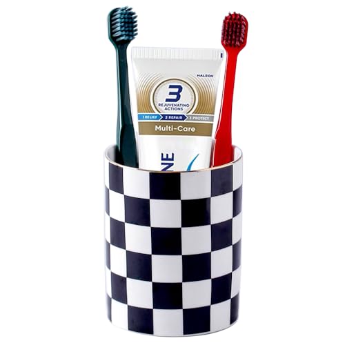 Ceramic Toothbrush Holder Toothpaste Holders, Cute Bathroom Tumbler Cups Reusable,Checkered Bathroom Counter Decor Organizer, Makeup Brush Holder,Pen Holder (Black) - color: Black