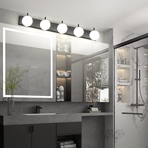 Aipsun Vanity Light, 5 Lights Matte Black Bathroom Light Fixtures, Vanity Lights with Milky White Globe Glass, Black Lights Over Mirror - color: Black, size: 5 Lights