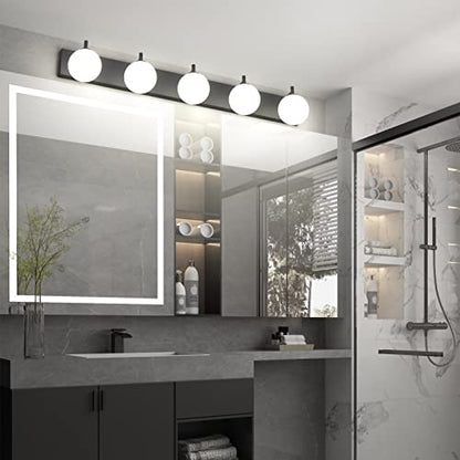 Aipsun Vanity Light, 5 Lights Matte Black Bathroom Light Fixtures, Vanity Lights with Milky White Globe Glass, Black Lights Over Mirror - color: Black, size: 5 Lights